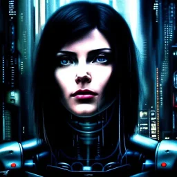 fullbody portrait in oil on canvas ,beautiful female robot, ominous, intense stare, sad eyes, post-apocalyptic in a cyberpunk city, ghost in the shell, Akira, BladeRunner movie poster, masterpiece, realistic, intricate detail, sci-fi fantasy style, volumetric lighting, particles, highly detailed ,cinamatic , deep colours,8k, by Caravaggio