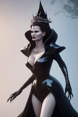 Geena Davis as evil queen in black leather gown, evil, busty, cleavage, curvy, angry, stern look. character design by cory loftis, fenghua zhong, ryohei hase, ismail inceoglu and ruan jia. unreal engine 5, artistic lighting, highly detailed, photorealistic, fantasy