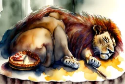 Lion is sleeping beside the rests of a birthday cake. Highly detailed, smooth colours, realistic landscape. Aquarell