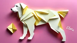 immagine realizzata con la tecnica origami in carta colorata di un cane golden retriever color bianco, a piè di pagina la scritta "CLARA" in bella calligrafia a colori in rilievo , 3d octane render