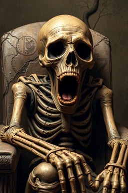 a decrepit mummy leaned over in a chair, mouth open