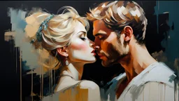 Blonde Pale Very Thin Scandinavian Woman 30yo, Big Eyes, Long Eyelashes And Eye Shadow, on steve Roger's lap kissing :: by Robert McGinnis + Jeremy Mann + Carne Griffiths + Leonid Afremov, black canvas, clear outlining, detailed