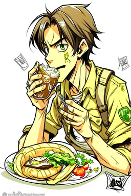 Cartoon sketch of Eren Yeager eating tacos and drinking soda.