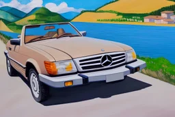 Light brown Mercedes sl 450 1985 cab,Toscana, blue skies, blue water, clear day, sun, country road, lake como, wide landscape, oil painting, cubism, picasso