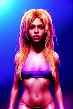 portrait, Shakira, blonde artist, angry, Realistic image, latex style dress. Skewers, loose long hair, eyes make up, perfect, glow, circle iris. Neon colors, leds, geometric shapes. Dark background, photo studio, neon lights. Mad max, concept art, smooth, unreal engine 5, god lights, ray tracing, RTX, lumen lighting, ultra detail, volumetric lighting, 3d, finely drawn, high definition, 4k.