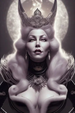 Mae West as evil queen in black leather, leather, busty, cleavage, angry, stern look. character design by cory loftis, fenghua zhong, ryohei hase, ismail inceoglu and ruan jia. unreal engine 5, artistic lighting, highly detailed, photorealistic, fantasy