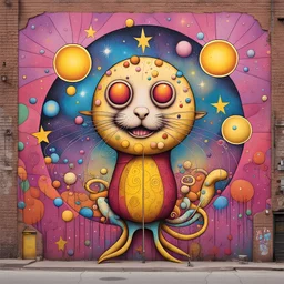 Lovecraftian cosmic dreamer, astral star-filled background, modern graffiti street art on city wall, dramatic, warm colors, dynamic diagonal composition, by Os Gemeos and Seth Globepainter, color spray paint, concept art, warm colors, stunning, whimsical, three mice