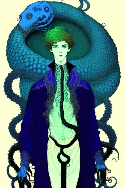 16 year old boy warlock with milky blue eyes, and lamprey tentacle growing out of his belly. in the style of Harry Clarke