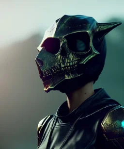 A badass Sofia Buttela wearing a dragon skull mask, atmospheric, realistic, unreal engine, cinematic lighting, octane render, show face, vambier, black background