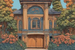 museum quality color woodcut of a fanciful 1920's French country villa with ornate art nouveau appointments and doors in the style of Gustave Baumann, with a fine art aesthetic, highly detailed, finely cut ,8k render,