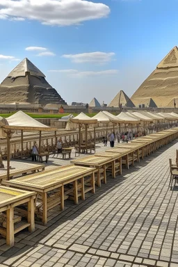 A tourist walkway in Egypt overlooking the pyramids and has seating places, and shops on both sides