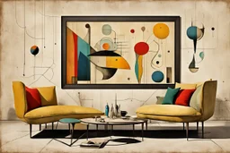 Style by Gabriel Pacheco and Federico Babina and Yves Tanguy, a framed picture of a colorful weird surrealism in a spartan Bauhaus living room, masterpiece, strange inconsistencies and banal absurdities, smooth, neo surrealism,