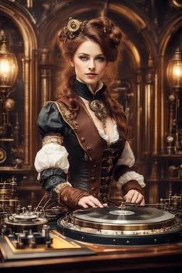 Front view Photography Ultra Realistic HD Natural Beauty Steampunk classic Victorian woman as dj player, chromatic aberrations, establishing shot, tilt-shift effect