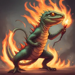 A Lizard with a strange look on their face a tail of flame behind them claws ready to slash and a flamethrower wreathed in flames, in card art style