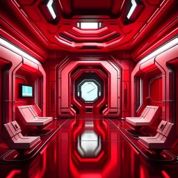 Cartoon futuristic dark red, red, and white space base interior