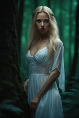 young woman small in stature Her features were soft, and her blonde hair framed her petite face.she wore was a thin white nightdress, which ended just above her knees. green/blue eyes. realistic 4k darkfantasy forest