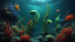 animals creatures, plants from subanautica from deep sea, leviathan's a lot of sea plants very deep, beautiful, river of magma, green and blue.