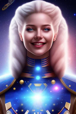 young cosmic woman smile, admiral from the future, one fine whole face, large cosmic forehead, crystalline skin, expressive blue eyes,rainbow hair, smiling lips, very nice smile, costume pleiadian, Beautiful tall woman pleiadian Galactic commander, ship, perfect datailed golden galactic suit, high rank, long blond hair, hand whit five perfect detailed finger, amazing big blue eyes, smilling mouth, high drfinition lips, cosmic happiness, bright colors, blue, pink, gold, jewels, realist