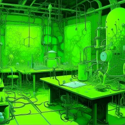 A lime green cybernetic laboratory with slimy bugs painted by Vincent van Gogh