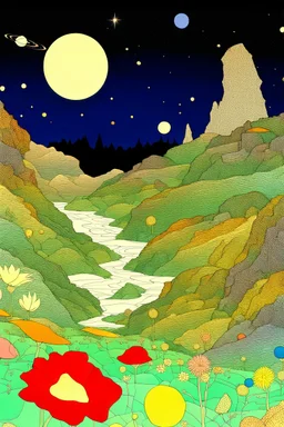 Many colors, peaceful, Egon Schiele, Max Ernst, night sky filled with galaxies, planets and stars, rock formations, trees, flowers, one-line drawing, sharp focus, 8k, deep 3d field, intricate, ornate, one million strokes