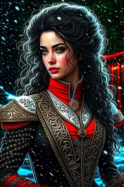 dull body, depth of field, photorealism, downlight, Magic camping site, beautiful, ornate dress uniform, casting spell water snow fly, black wavy hair, enchanted fantasy, cinematic composition, very detailed red machine components, one camera lens eye and shiny black hair, hazel green eyes, 24k, ornate, intricate, complex, digital painting, smooth, art by royo and tom bagshaw.