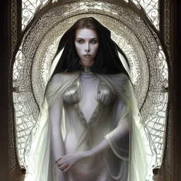 symmetry!! full body portrait!!!! of a beautiful!!!! germanic vestal sacral priestess,veiled, pretty face, intricate, elegant, highly detailed, digital painting, artstation, concept art, smooth, sharp focus, illustration, art by artgerm and greg rutkowski and alphonse mucha, 8 k