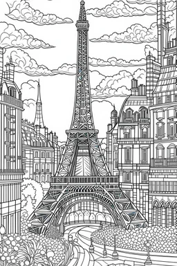 Include illustrations of iconic structures such as the Eiffel Tower,These landmarks are recognized worldwide and offer a sense of grandeur.various architectural landmarks and cityscapes, coloring book page, simple and clean line art, adult drawing book, black and white, crisp black lines, no shades, sharp lines, coloring book for adults, cartoon style, landscape