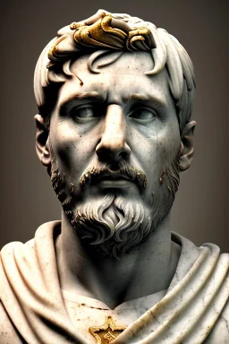 Ultra Realistic image, Roman sculpture, white marble material, Lionel Messi, gold Laurel leaves wreath, renaissance ornaments, one gold star in heart, chisel style, waist up portrait, epic, celestial, cinematic lighting, God light, god rays, 4k resolution, smooth details, ornate details, soft lighting, unreal engine 5, artstation, marble background.