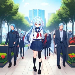 Clear focus, High resolution, long fluffy light blue hair, hair between eyes, long locks, wearing a sailor uniform, wearing a sailor skirt, long black socks, 1girl, cartoon, cute, UNFOTABLE studio, red tie, walking, outside setting