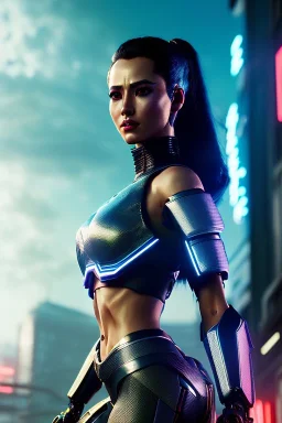 Futuristic cyborg, portrait from waist up, intricate eyeliner, vibrant eyeshadow, clear completion, soft lighting, 4k resolution, intricate details, insanely detailed, colorful cityscape background, masterpiece, expert, cinematic smooth, retroanime style, realistic details, no helmet, pastel hair color