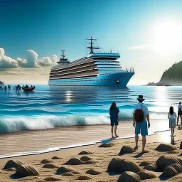 i want to create ai image for photo backgrounds of a ship parked on the shore of a beautiful sea with people around