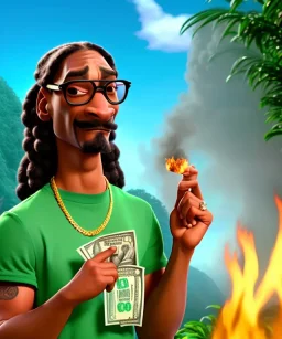 Snoop Dogg, cigar with dollars burning, jungle background, hyper realistic