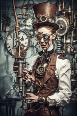 Crazy laboratory assistant with sickles in steampunk style
