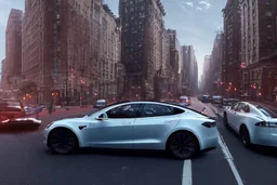 A Tesla 'Model Y' is racing at top speed, near the Flatiron Building in Manhattan. (CINEMATIC, WIDE ANGLE LENS, PHOTO REAL)