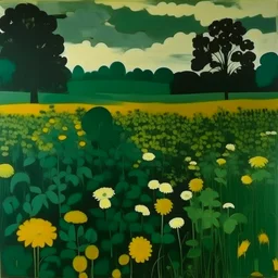 A dark green field with flowers painted by Lyonel Charles Feininger