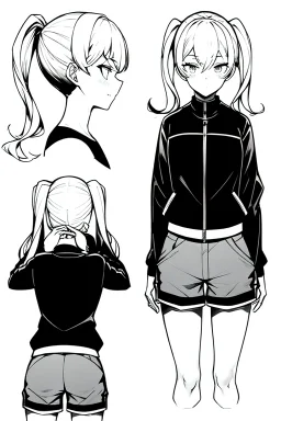 blonde girl with ponytails dressed in a jacket and shorts walks briskly, front view, greyscale