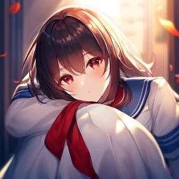 Clear Focus, High resolution, glowing red eyes, hugging a girl, wearing a sailor uniform,