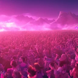 GIANT DANCE PARTY, FESTIVAL IN THE MOUNTAINS, MUSIC FESTIVAL, CROWD, cinematic lighting, 4k, 8k, octane render, digital concept art, extremely detailed, ambient lighting, PINK