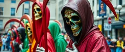 multi colored, bright, vivid, psychedelic, high detailed, high gloss, insanely detailed, matte, horrorcore, lining the street, unsettling contrast, monument to death, live action shot grim reaper parade