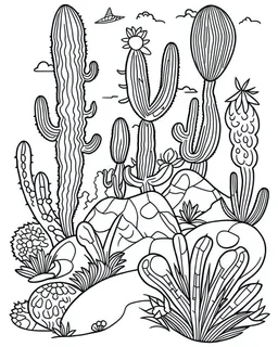 outline art for stoners coloring pages with A very simple and super minimal design featuring A psychedelic desert oasis with cacti shaped like giant buds, white background, sketch style, fully body, only use outline, cartoon style, clean line art, white background, no shadows and clear and well outlined