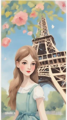 Birthday postcard, gouache painting on a postcard, gouache painting, happy birthday, anime portrait, vintage, cute girl standing on the Eiffel tower, Eiffel tower in the background, spring, girl painting, beautiful painting, gouache, happy birthday postcard