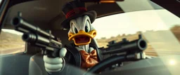 Donald master mafia boss holding up some weird sci fi guns, fikk noe av stoffet til å detonere ved ett uhell. Når Donalditt brukes som drivstoff, utløser det vanvittige krefter. In the style of Rembrandt and Fallout 4, Donald in a fast car. Background blur. Movie poster. Wild look.Mad mad and furiosa as ducks.