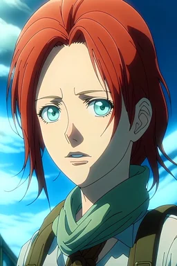 Attack on Titan screencap female She has a ginger shag cut, blue eyes eyes, and survey core clothes. Scenery is beautiful, WIT studios screencap