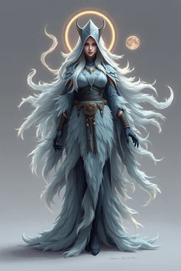 good low poly priest woman with long fur all over her entire body and aura swirl