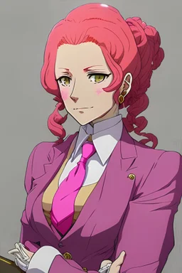 gingerheaded lawyer in pink suit with jabot in anime style