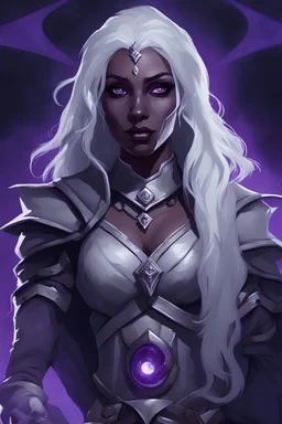 Dungeons and Dragons portrait of the face of a female drow inquisitor blessed by Eilistraee. She has white hair, purple eyes, pale armor, and is surrounded by moonlight
