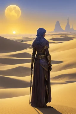 [kupka] The twin suns sink low on the horizon as Afrey stands sentinel upon the dune, etched skins shifting in their dying light. She is the last guardian of Tatooine now, all other Defenders fallen these past moons. But her people remain, and while even one dwells in this town she will stand.Long she has kept her lonely vigil here, choosing a vantage apart where she may see and be unseen. Her keen eyes note every shadow, searching for any threat borne on the fading breeze. One hand rests lightl