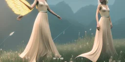 subtle queen, atmospheric, realistic, unreal engine, cinematic lighting, octane render, transparent long dress, blonde, full body, bright wings, smile, long hair