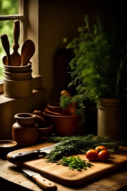 A rustic wooden cutting board, aged oak surface textured with knife marks, surrounded by vintage kitchen tools and fresh garden herbs cascading off the edges, positioned on a rough farmhouse table, ambient warm light casting soft shadows, still life photography, high dynamic range, rich earth tones.