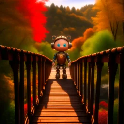 gertrude the dwarf bot, on a bridge through the seasons, hills and trees, motion blur, 8k, downlight, soft light, depth of field, photorealism, trending on art station, lotsa detail